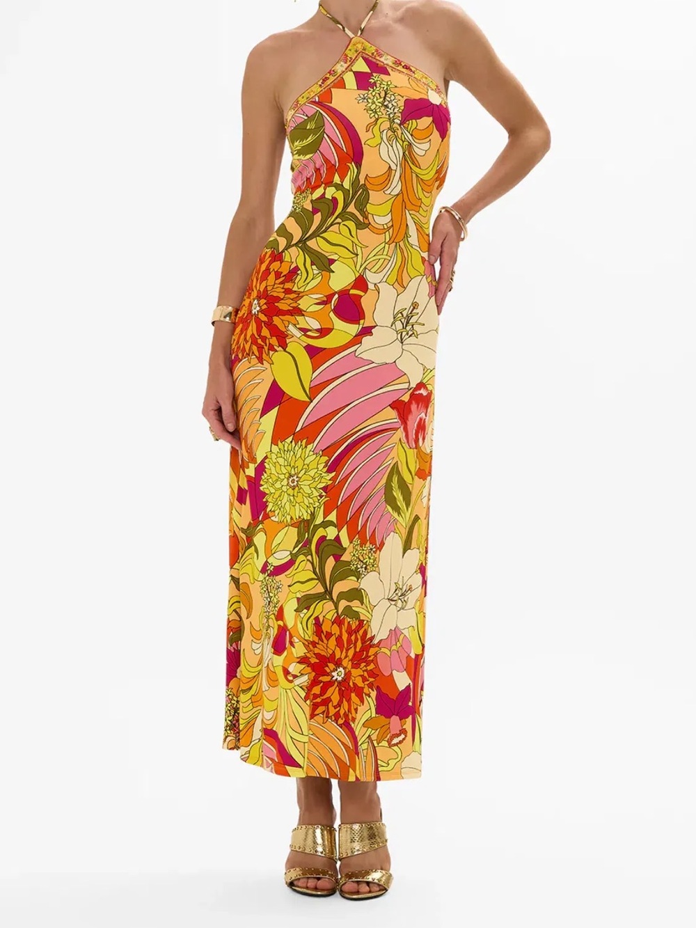 Camilla Vibrant Floral Halter Maxi in Yellow, Pink & Orange